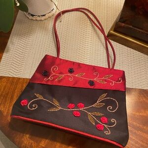 Elegant Red and Black Floral Embroidered Handbag craft link